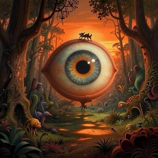 Fantastical digital artwork of a giant eye in a vibrant, surreal forest at sunset, with a tiny figure and a lizard on top. Bright colors
