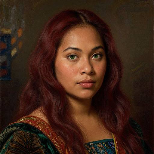 Photographic-style portrait of a young woman with long, wavy auburn hair, green eyes, and medium brown skin, wearing a colorful,