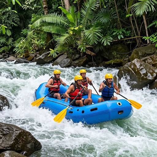 Photograph of three people in a blue inflatable raft with yellow paddles, wearing yellow helmets and red life jackets, navigating a fast-moving, rocky river