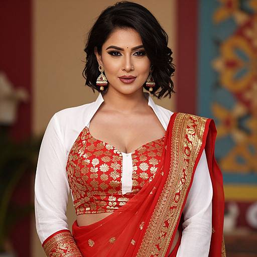 Photograph of a beautiful Indian woman with dark hair, wearing a red and gold embroidered traditional saree, white blouse, and gold earrings, standing confidently