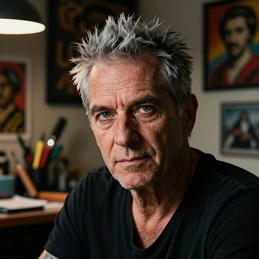 Photograph of an older man with spiky gray hair, blue eyes, and a serious expression, wearing a black shirt, in an artist's studio