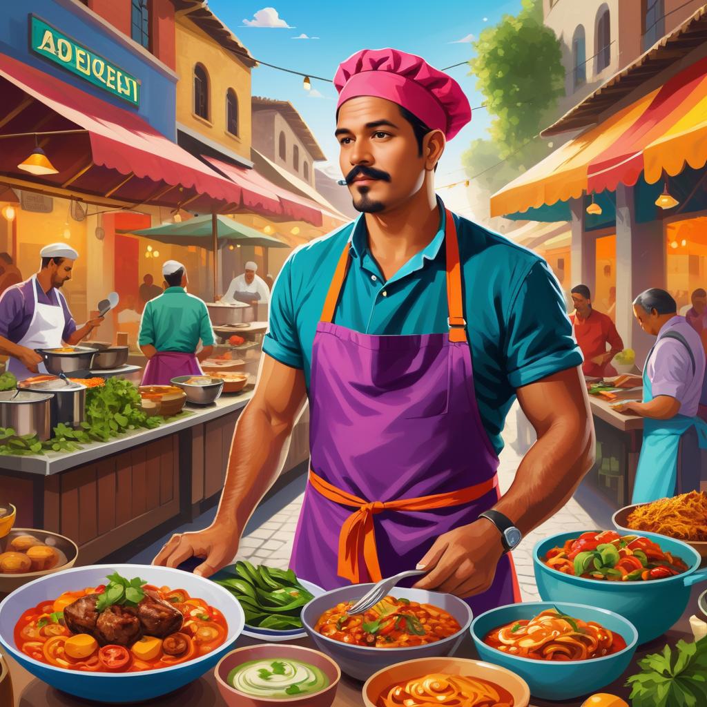 Vibrant Street Chef and Food Market Scene