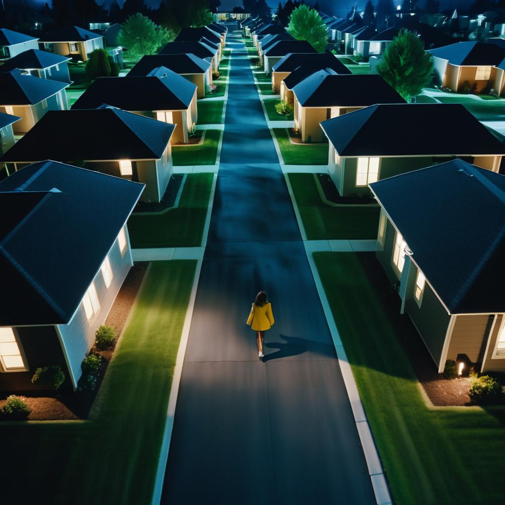 Cinematic Aerial View of Suburban Night