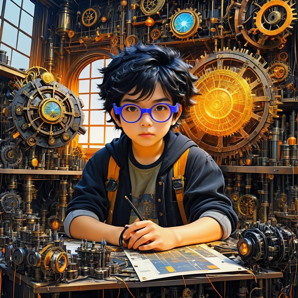 Young Inventor in a Cluttered Workshop