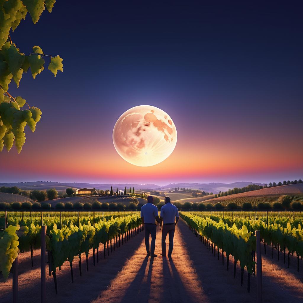 Winemakers in Vineyard Under Dusk Moon