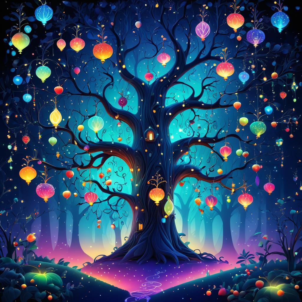 Whimsical Twilight Forest Tree Illustration