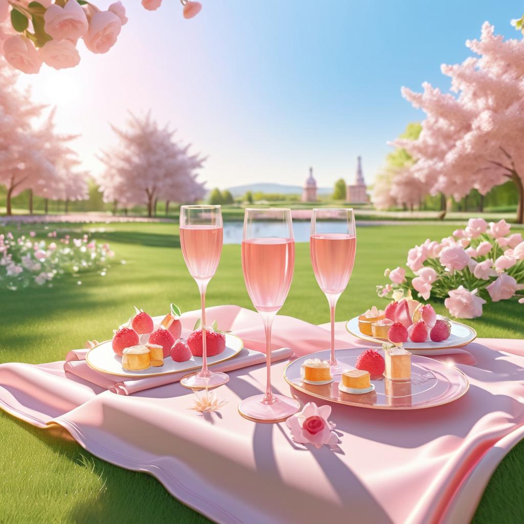 Elegant Picnic with Pink Champagne and Flowers