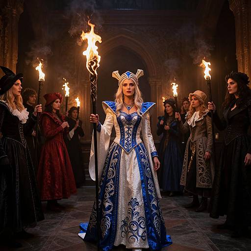 Photograph of a medieval scene: central blonde woman in white and blue ornate gown, holding torch, surrounded by dark-clad individuals, dimly
