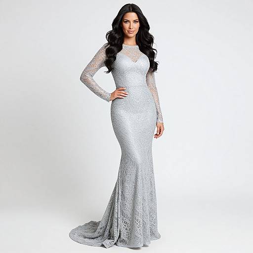 Photograph of a confident woman with long black hair in a shimmering, form-fitting, long-sleeve silver lace gown, standing against a