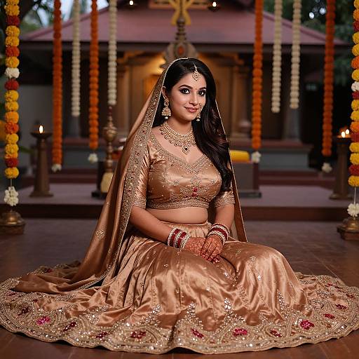 Photograph of an Indian bride in a gold, embroidered saree with a veil, seated on a floor, surrounded by marigold garlands and