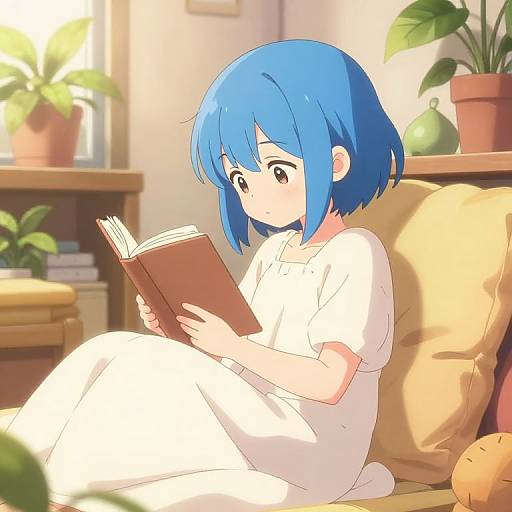 Anime-style digital drawing of a blue-haired girl in a white dress, sitting on a couch, reading a book in a sunlit room with potted