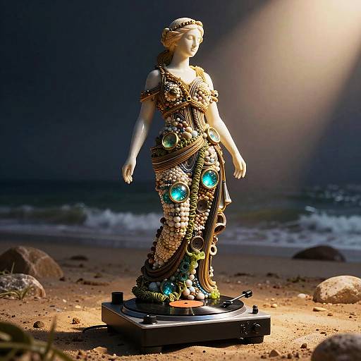 Ornate Vinyl Record Statue on Beach