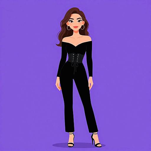 Digital illustration of a confident woman with long brown hair, wearing a black off-shoulder jumpsuit, corset, and high heels, against a