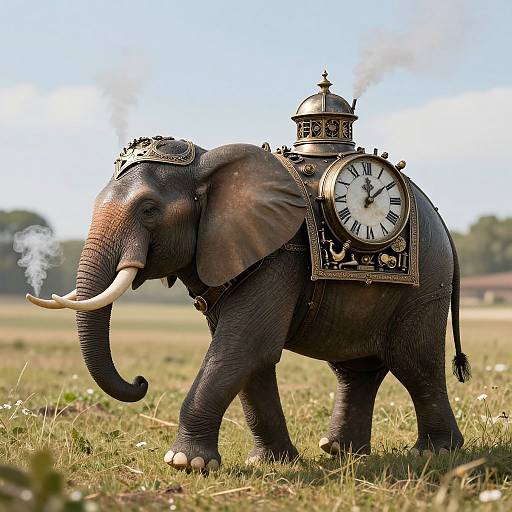 Photograph of a gray elephant with large tusks, wearing a clock and crown, standing in a grassy field, with smoke from its trunk.