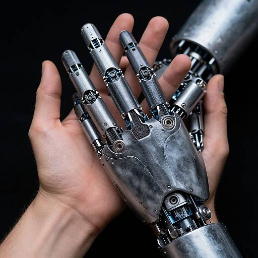 Human and Robotic Hand Shaking Close Up