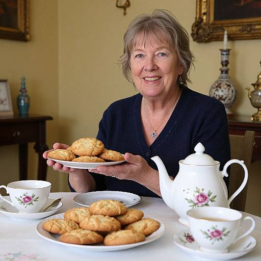 Photograph of smiling elderly woman with short gray hair, wearing black top, holding plate of golden-brown pastries at tea table with floral teac