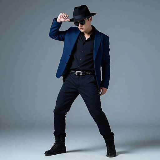 Photograph of a stylish man in a black suit, black shirt, and black hat, adjusting his hat with his right hand, standing confidently against a