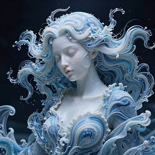 Digital artwork of a serene, ethereal mermaid-like woman with flowing, translucent blue and white waves as hair, set against a dark background.