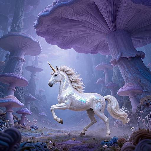 Digital fantasy artwork: A shimmering white unicorn with a glowing horn prances through a mystical forest of oversized, purple mushrooms.