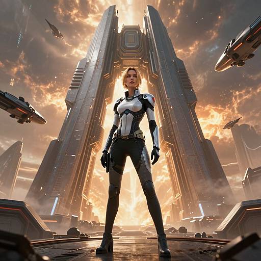 Digital CGI image of a confident, armored woman standing heroically in front of a towering, fiery sci-fi structure with flying spacecraft.