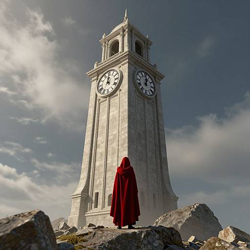 Photograph of a cloaked figure in red standing before a tall, white stone clock tower with black faces, set against a blue sky with scattered clouds