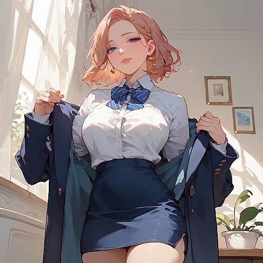 Anime-style digital drawing of a blonde woman with wavy hair, wearing a white blouse, blue bowtie, and black skirt, removing a navy bl
