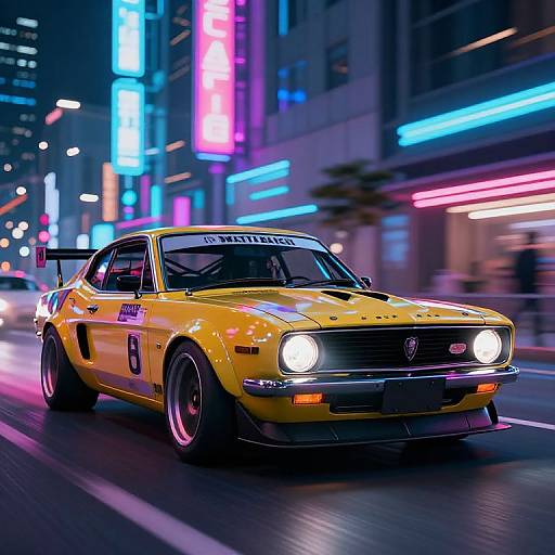 Photograph of a vibrant yellow classic car with number 6, driving through a neon-lit city street at night, with colorful lights reflecting on the