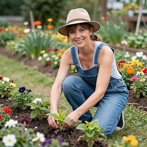 Photograph of a smiling woman with brown hair in a beige hat and blue overalls, crouching in a colorful flower garden.