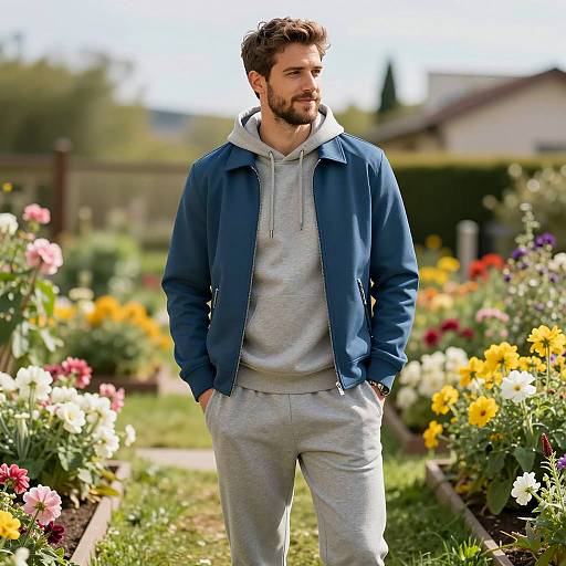 Man in Casual Sweatsuit Standing in Flower Garden