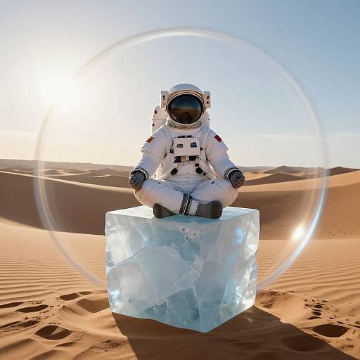 Photograph of a space astronaut in a white suit, sitting on a glowing blue ice block in a desert with a bright circular light behind, creating a