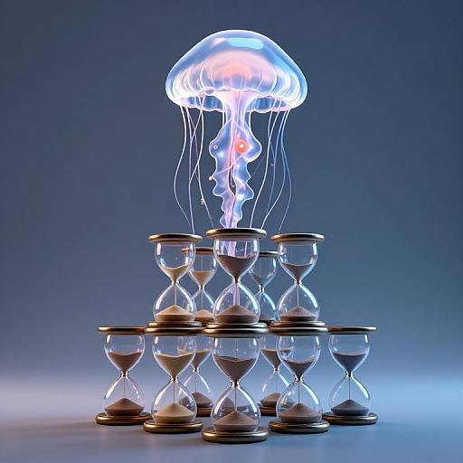 Photorealistic digital artwork: Glowing jellyfish with translucent, blue-lit bell and trailing tentacles sits atop a pyramid of clear hourglasses