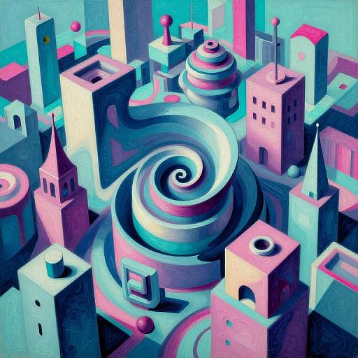 Abstract digital artwork of a surreal cityscape with swirling blue and pink buildings, cylindrical structures, and vibrant geometric patterns.