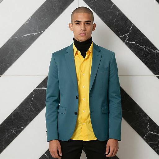 Young man in teal blazer and yellow shirt