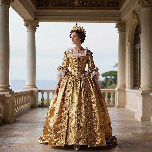 Photograph of a regal woman in a gold, intricately embroidered, Renaissance-style gown with puffed sleeves, crown, and white lace trim,