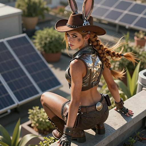 Solarpunk Courier on Sunlit Rooftop Railing