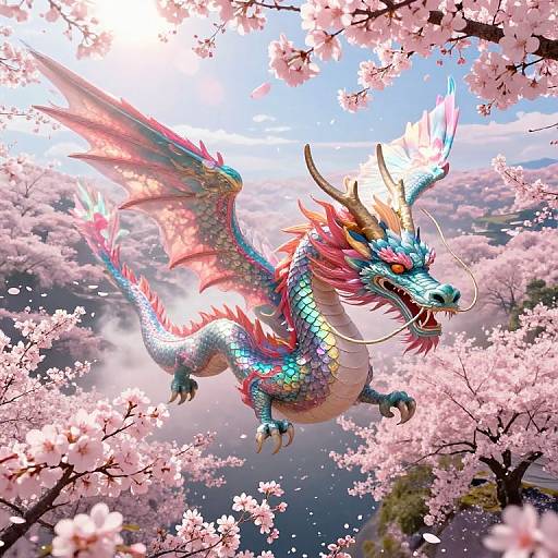 Surreal Dragon Soaring Over Cherry Blossoms