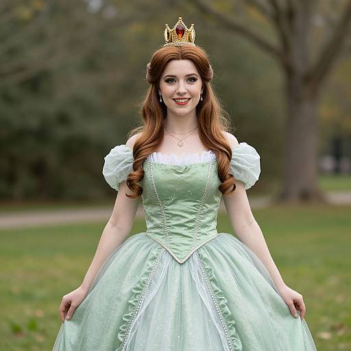 Photograph of a fair-skinned woman with long brown hair, wearing a mint green, puffed-sleeve princess gown and gold crown, smiling