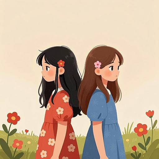 Illustration of Two Girls Standing Back-to-Back