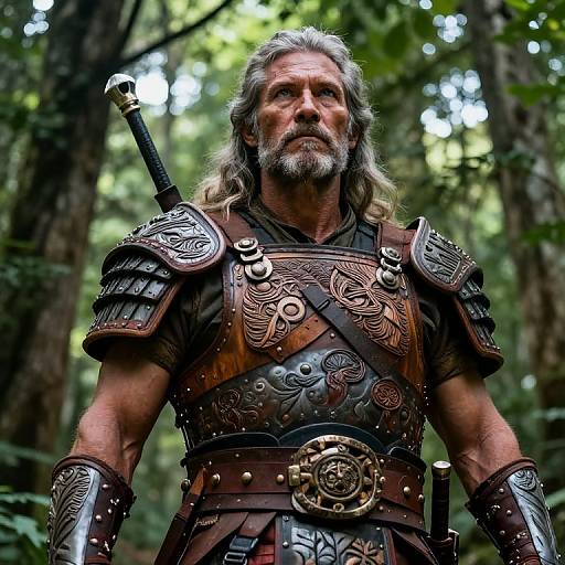 Photograph of a rugged, gray-bearded man with long hair, wearing intricately detailed medieval armor, standing in a lush forest. Sword on shoulder