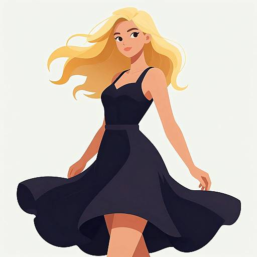 Digital illustration of a blonde woman with flowing hair, wearing a black sleeveless dress, smiling, with her dress gently flaring out.