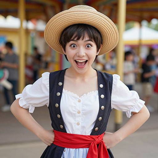 Photograph of a young Asian girl with short black hair, wide eyes, and an open mouth smile. She wears a straw hat, white blouse,