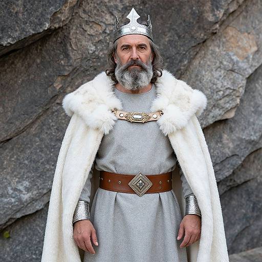 Photograph of a bearded man with gray hair, wearing a silver crown, white fur cape, gray tunic, and silver armlets, standing