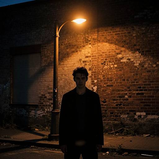 Photograph of a shadowy man standing under an orange streetlamp against a dark, textured brick wall at night.