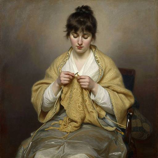 Photorealistic painting of a young woman with fair skin, dark hair in a bun, wearing a gold embroidered shawl over a white blouse, sitting