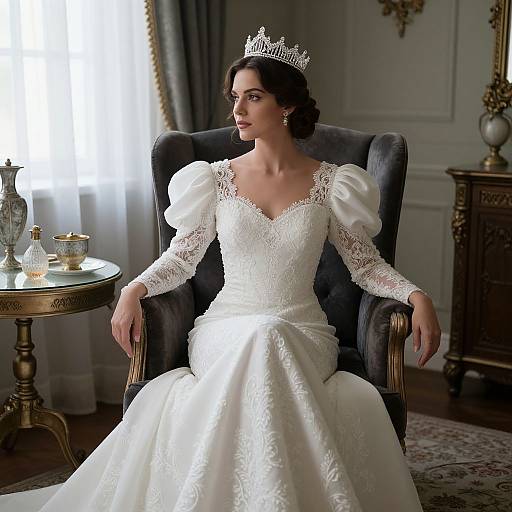 Photograph of a dark-haired bride with a silver tiara, wearing a white lace and satin wedding dress with puffed sleeves, seated in an elegant