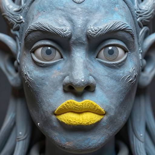 Close-up photograph of a blue, textured, bronze-like face with wide, gray eyes, yellow lipstick, and intricate ear details, conveying a surreal,