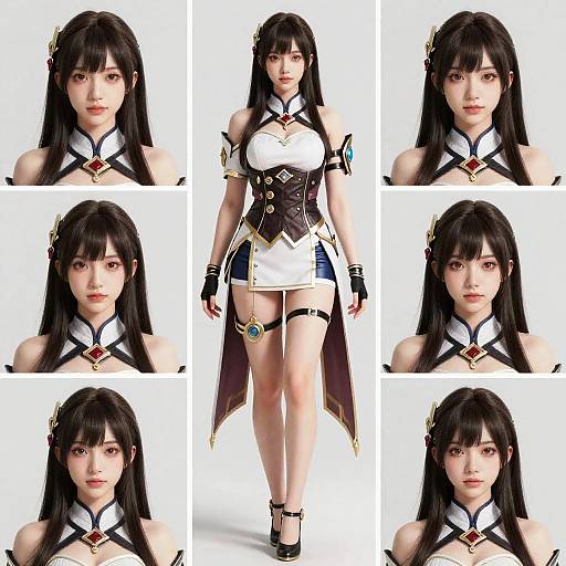 CGI collage of an Asian woman in a detailed, fantasy-inspired black and white outfit with gold accents and long black hair. Eight headshots surround a