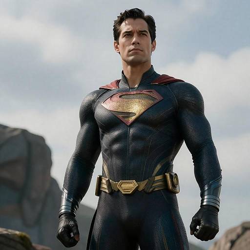 Dramatic Superhero in Gold-Trimmed Suit