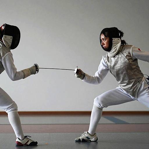 Photograph of two fencers in white uniforms and masks, poised in a fencing stance, with swords extended, in a brightly lit, minimalist training room