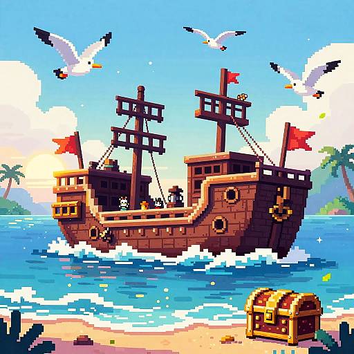 Pixel Art Pirate Cove at Dawn